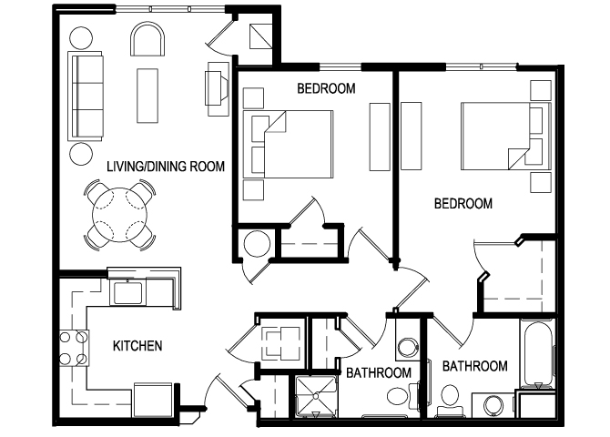 Floor plan for 2 beds, 2 baths, 923 sqft